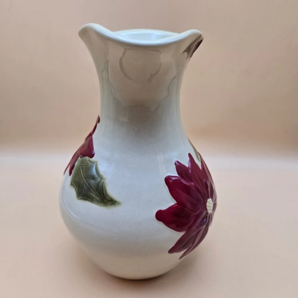 Christmas Poinsettia Ceramic Pitcher Red Green‎ Holiday Floral Serving Vase 8.5